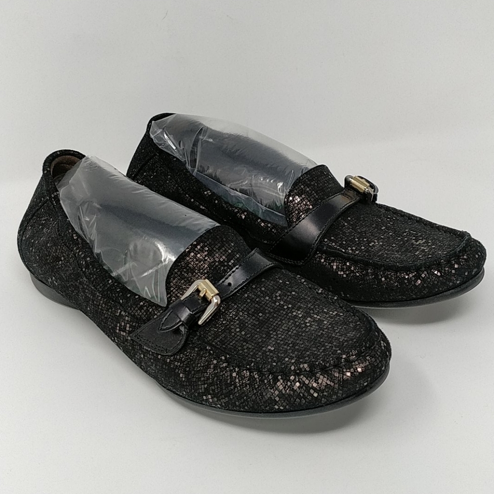 AGL Black Metallic Suede Slip-On Loafer Flats Sz 8